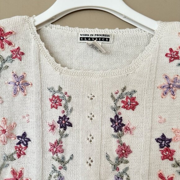 VTG Floral Embroidered Sweater Women XL Cottagecore Pastel Crochet Lace Trim - Picture 2 of 8